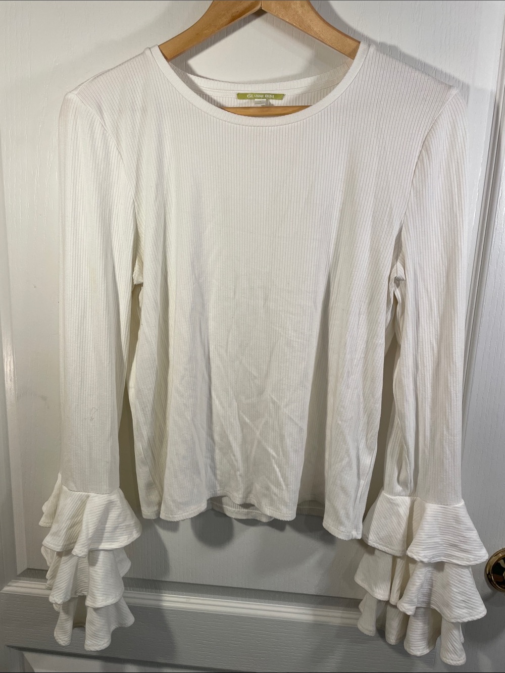 Gianni Bini White Ribbed Long-Sleeve Top with Ruffle Cuffs